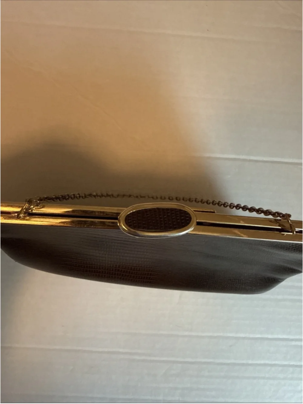 Vintage Etra Leather Lift Clasp Clutch with Chain Bag, Clean Lizard Embossed EUC
